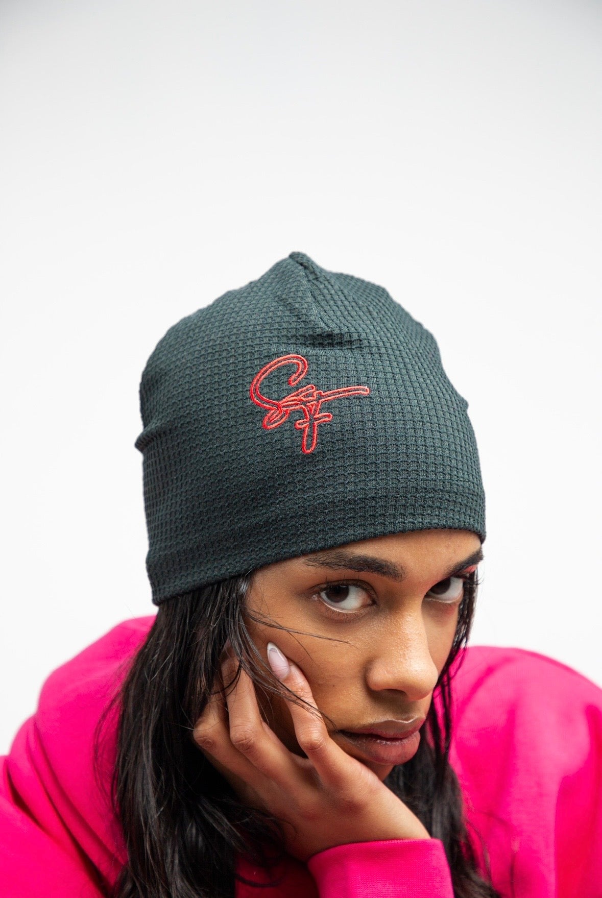 WAFFLE BEANIE - FIR GREEN / ORANGE